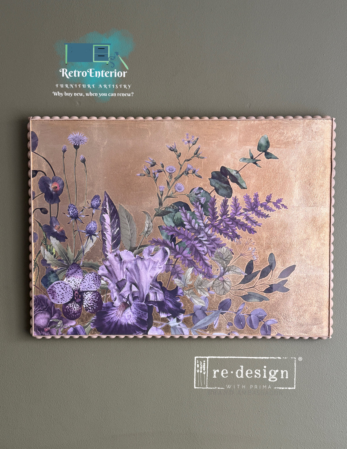 Luxury Botanical Wall Art with Gold Leaf & Rust Violet Floral Transfer