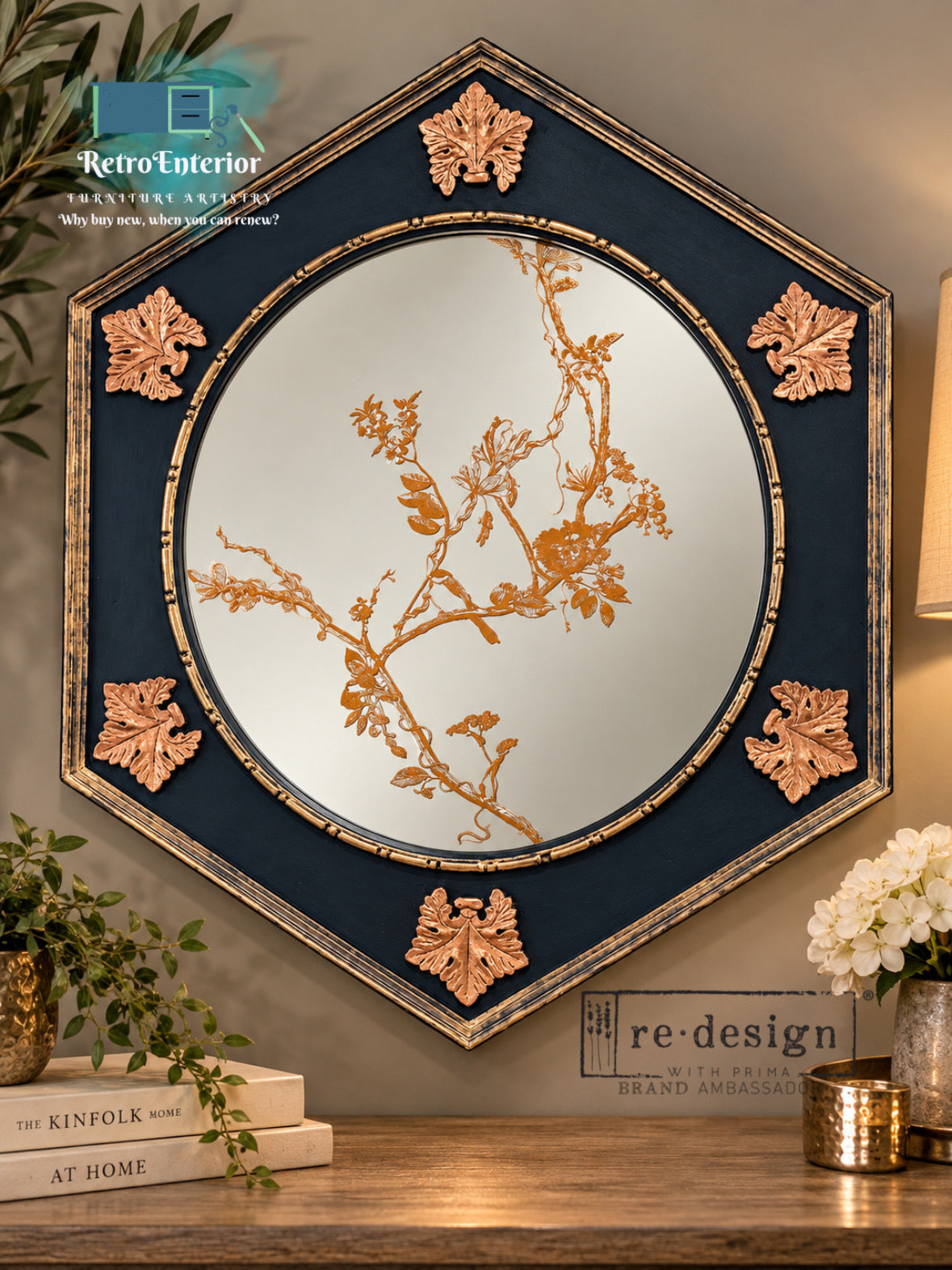Upcycled Statement Mirror – Blue & Copper Botanical Decorative Wall Mirror