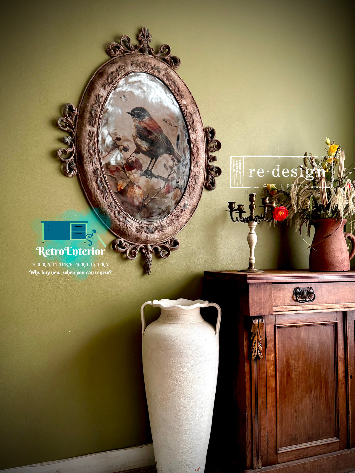 Rustic Botanical Bird Mirror – Statement Wall Art