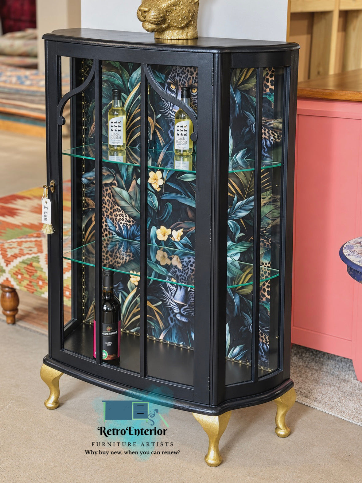 Vintage Black Drinks Cabinet | Tropical Leopard Statement Display Cabinet