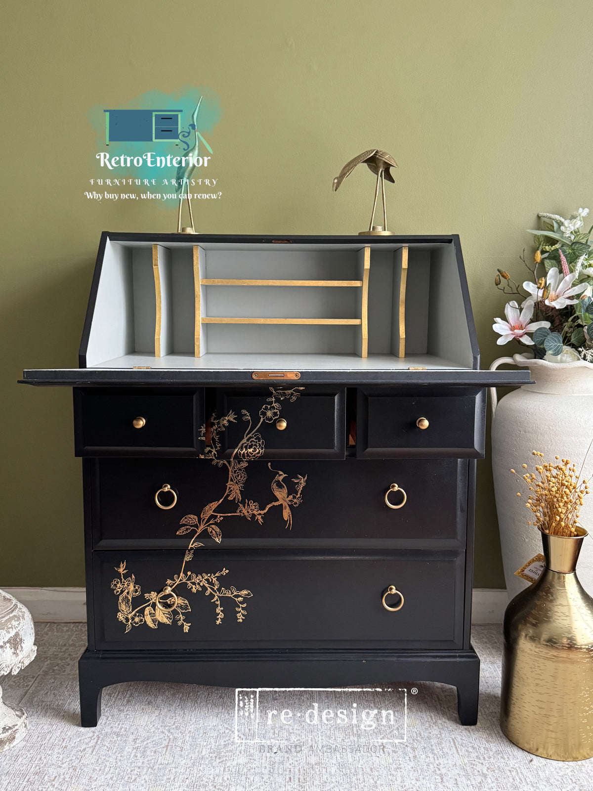 Vintage Stag Bureau / Secretary Desk – Coal Black & Gold