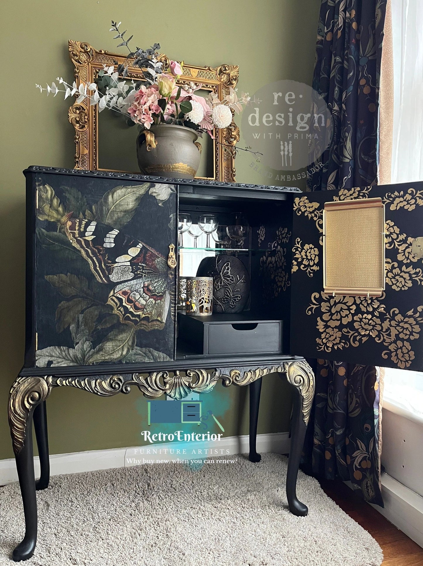 Black and Gold Vintage whimsical Butterfly botanical cocktail/drinks cabinet
