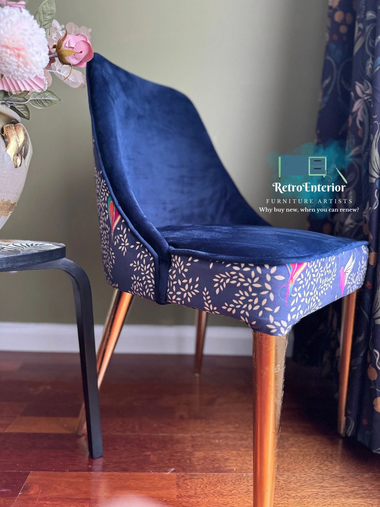 Blue and Gold floral/bird upholstered chair