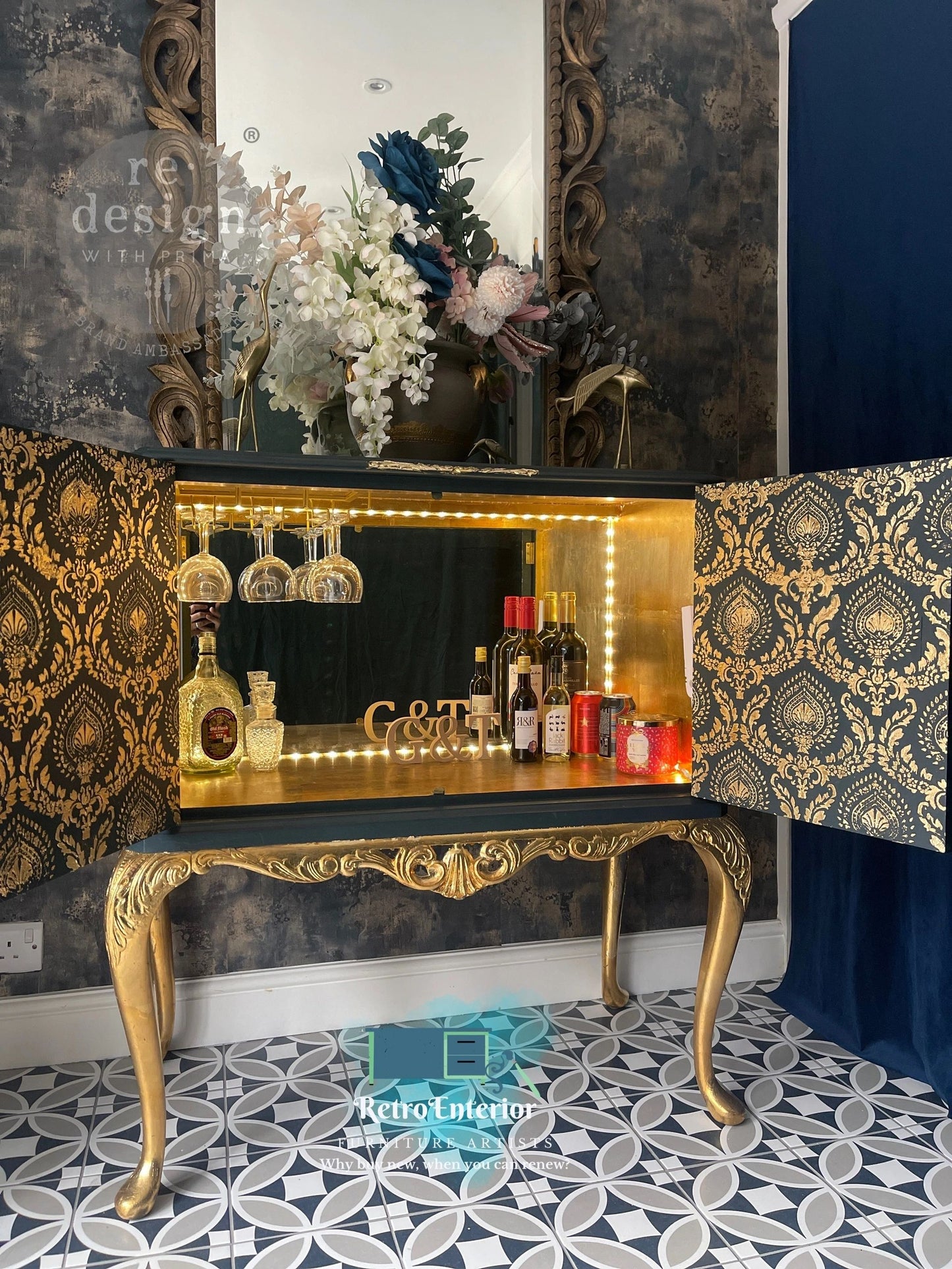 Blue and gold French Provincial Style Drinks cabinet/Buffet