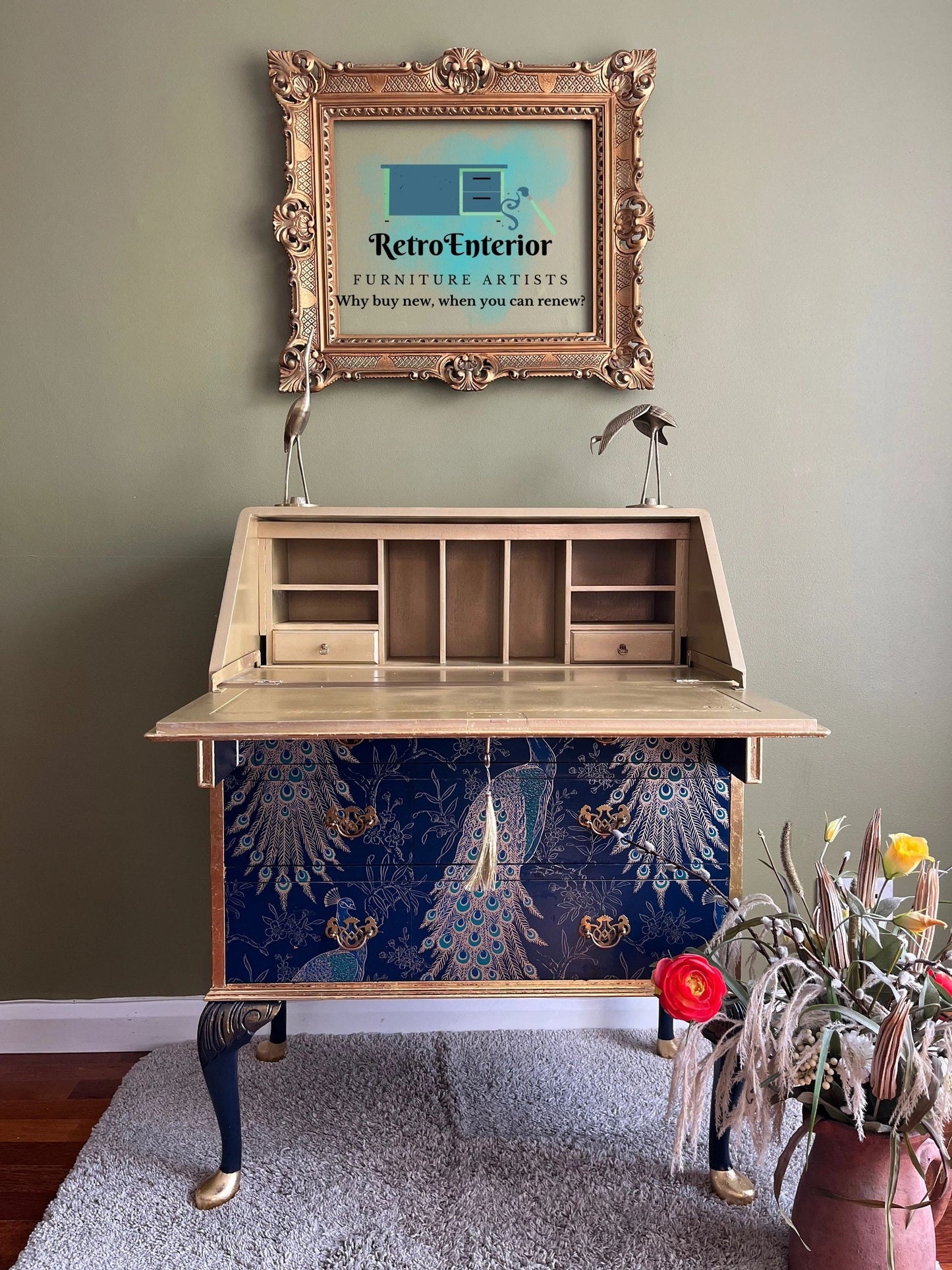 Blue and Gold Peacock style upcycled bureau/writing desk-Commission