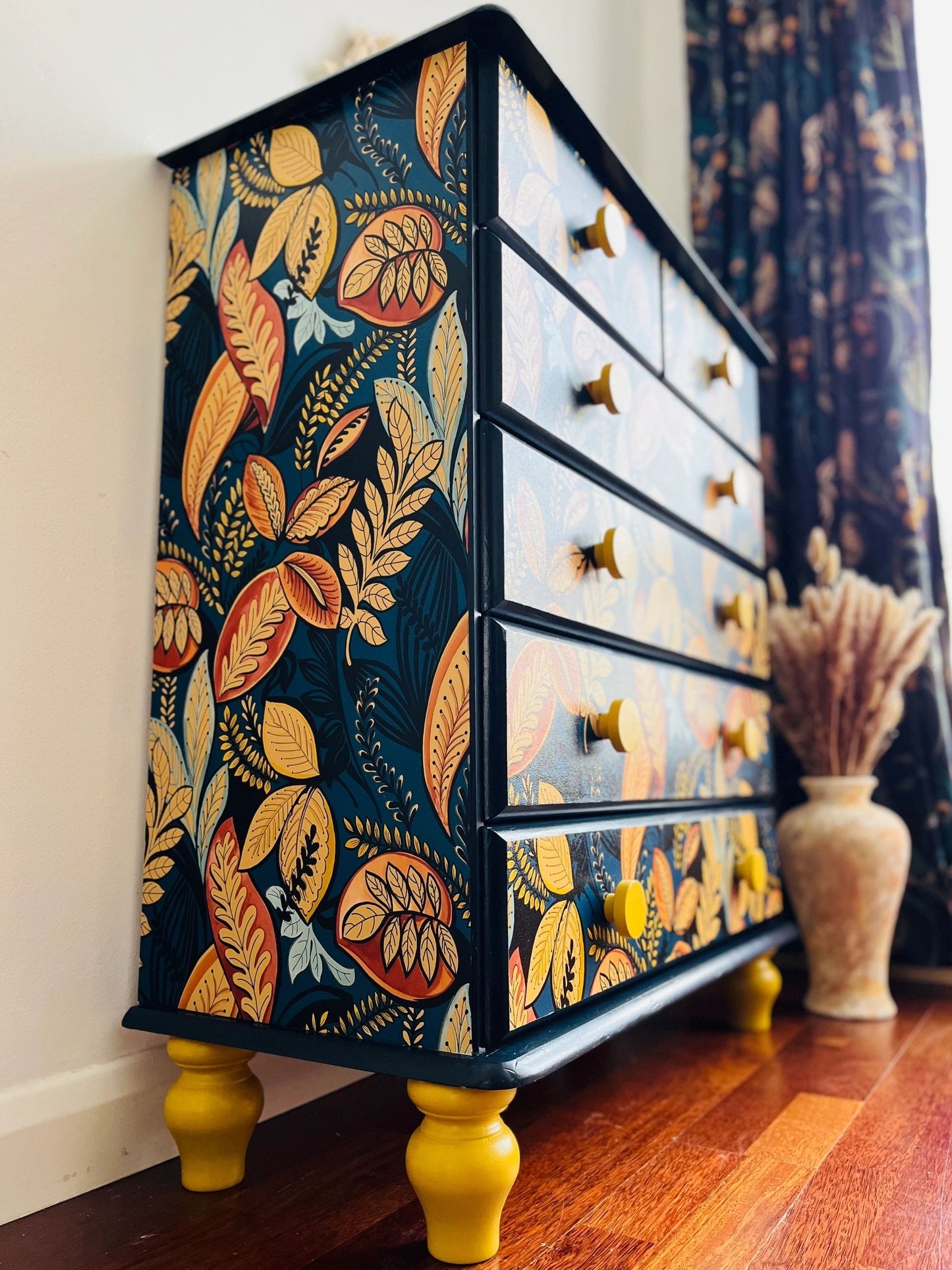 Farm house style blue and yellow floral pine chest of drawers