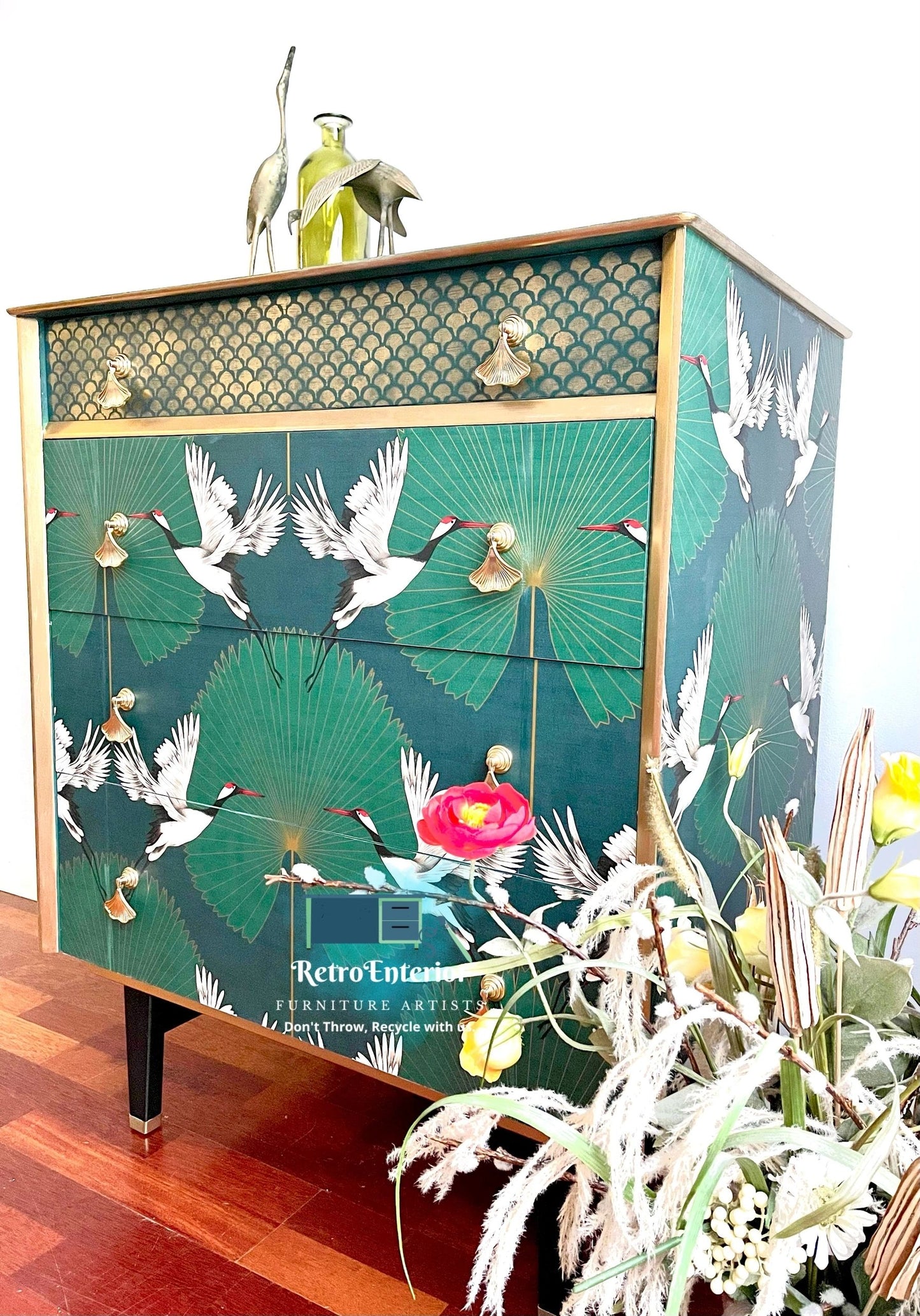 Golden Skylines: Repurposed Green and Gold Chest of Drawers Detailed with Flying Cranes
