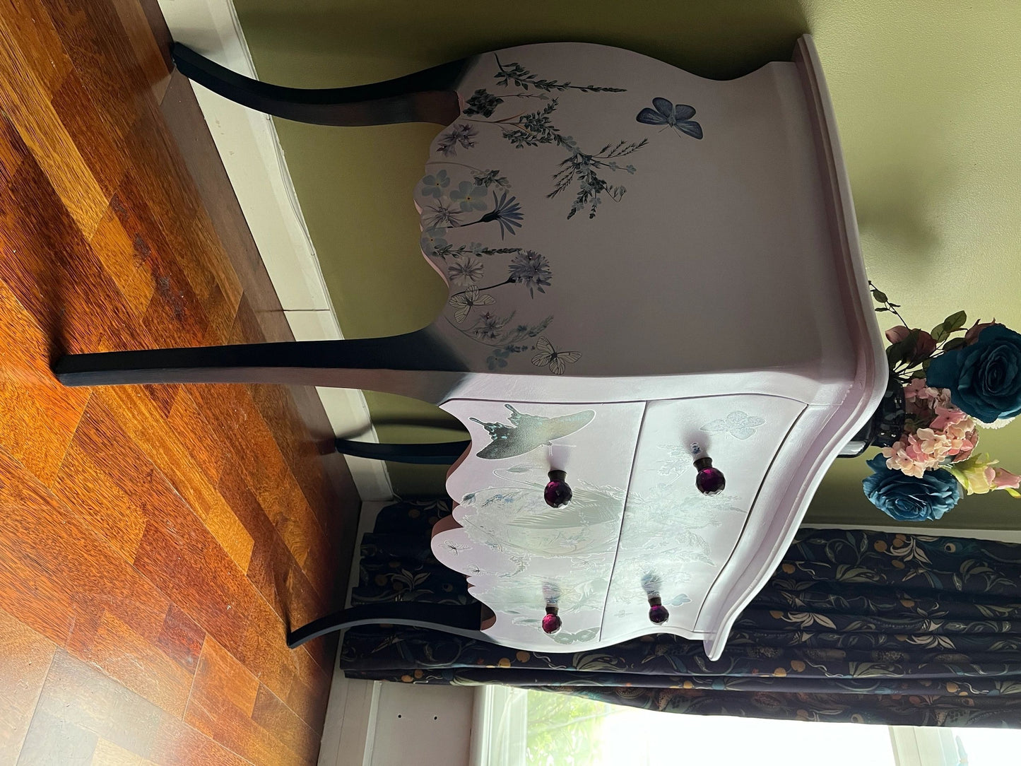 Oriental design Lilac/ blue upcycled bombe chest of drawers