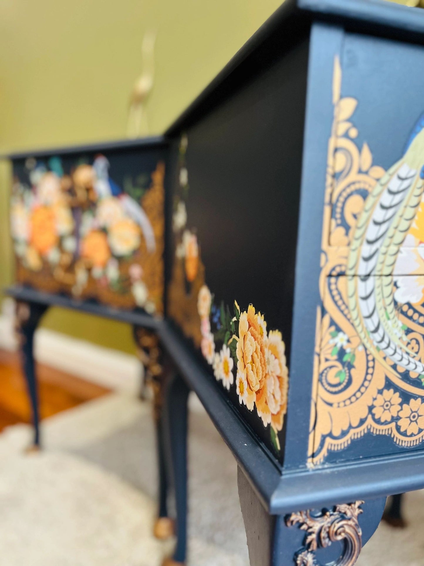 Pair of Blue French upcycled Bedside table with Pheasants and peonies design.