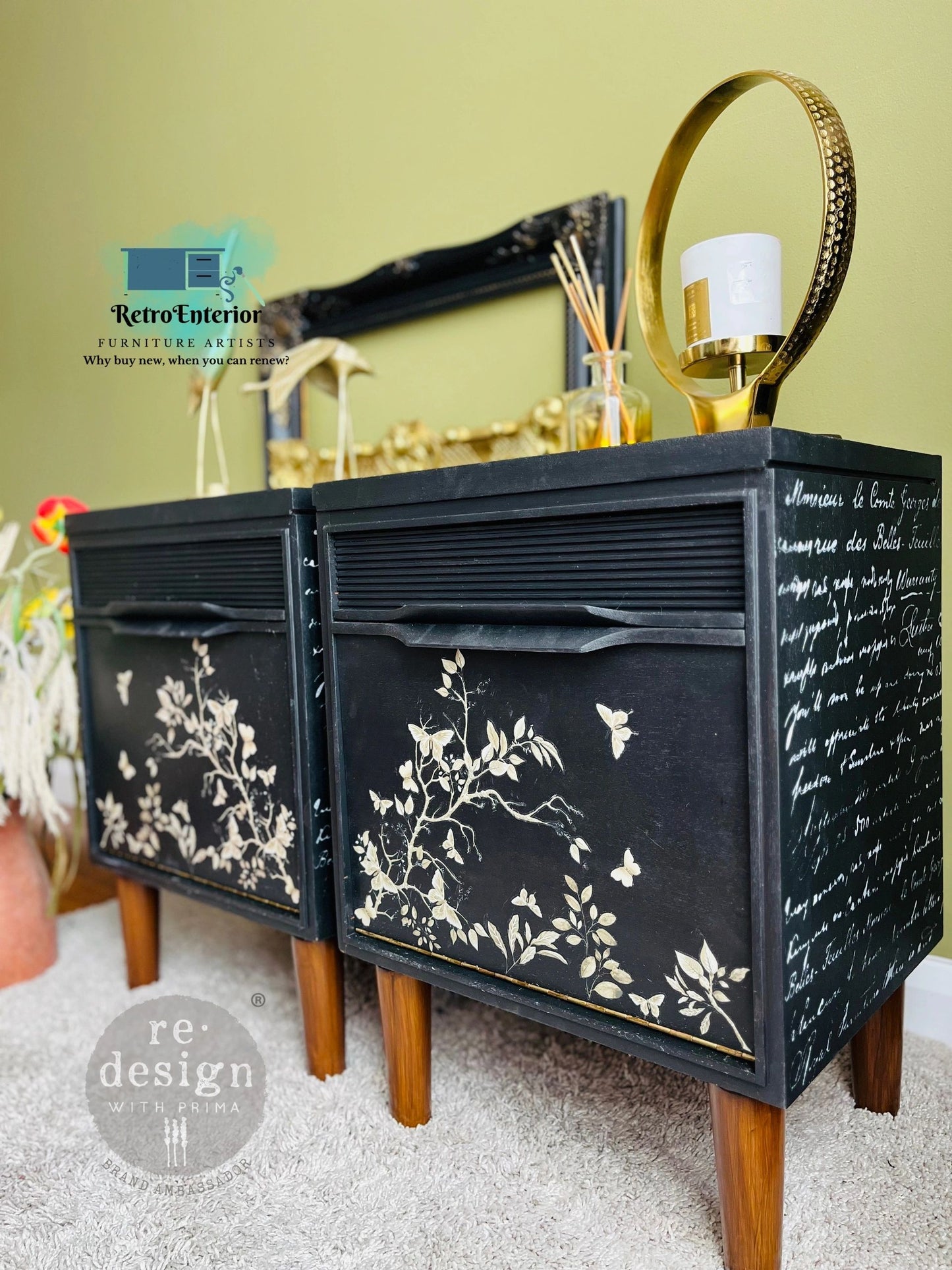 Pair of Vintage Bedside Tables – Coal Black & Dark Walnut with Floral Butterfly Front