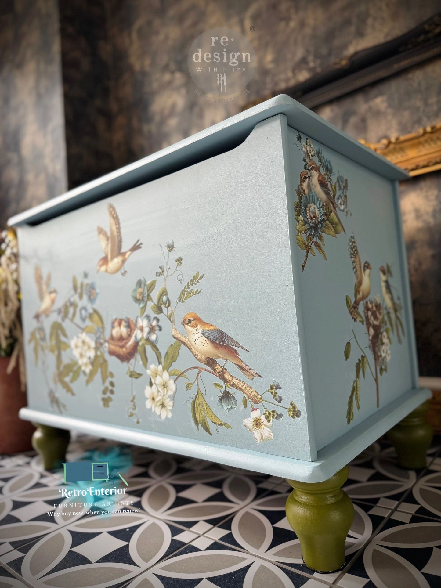 Repurposed Blanket Box – Cat Litter Tray Hiding Cabinet in Light Blue & Green with Floral Bird Design