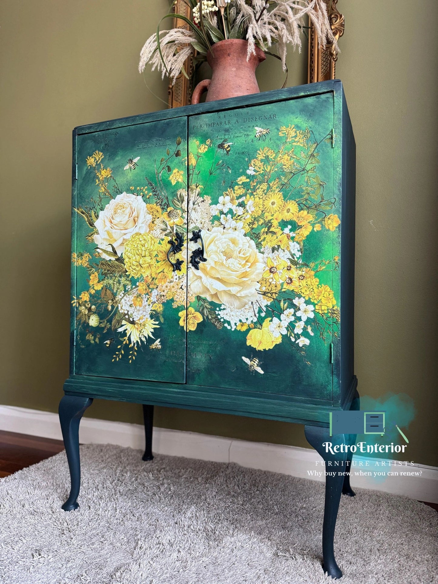 Upcycled Painted Cabinet – French-Inspired Floral Design with Blue, Green & Yellow Color Burst