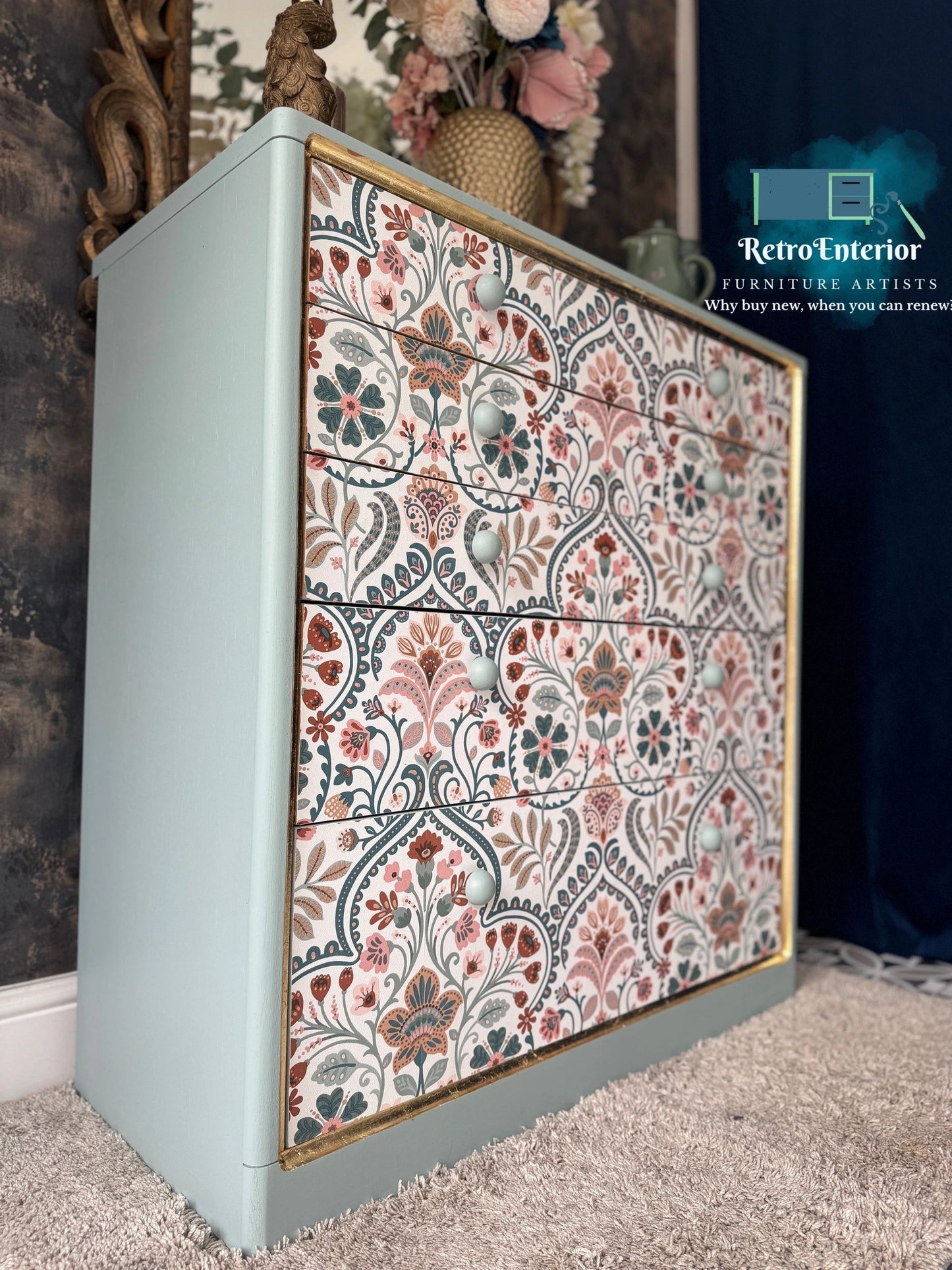 Vintage Folk Art Chest of Drawers with Gold Leaf Detail