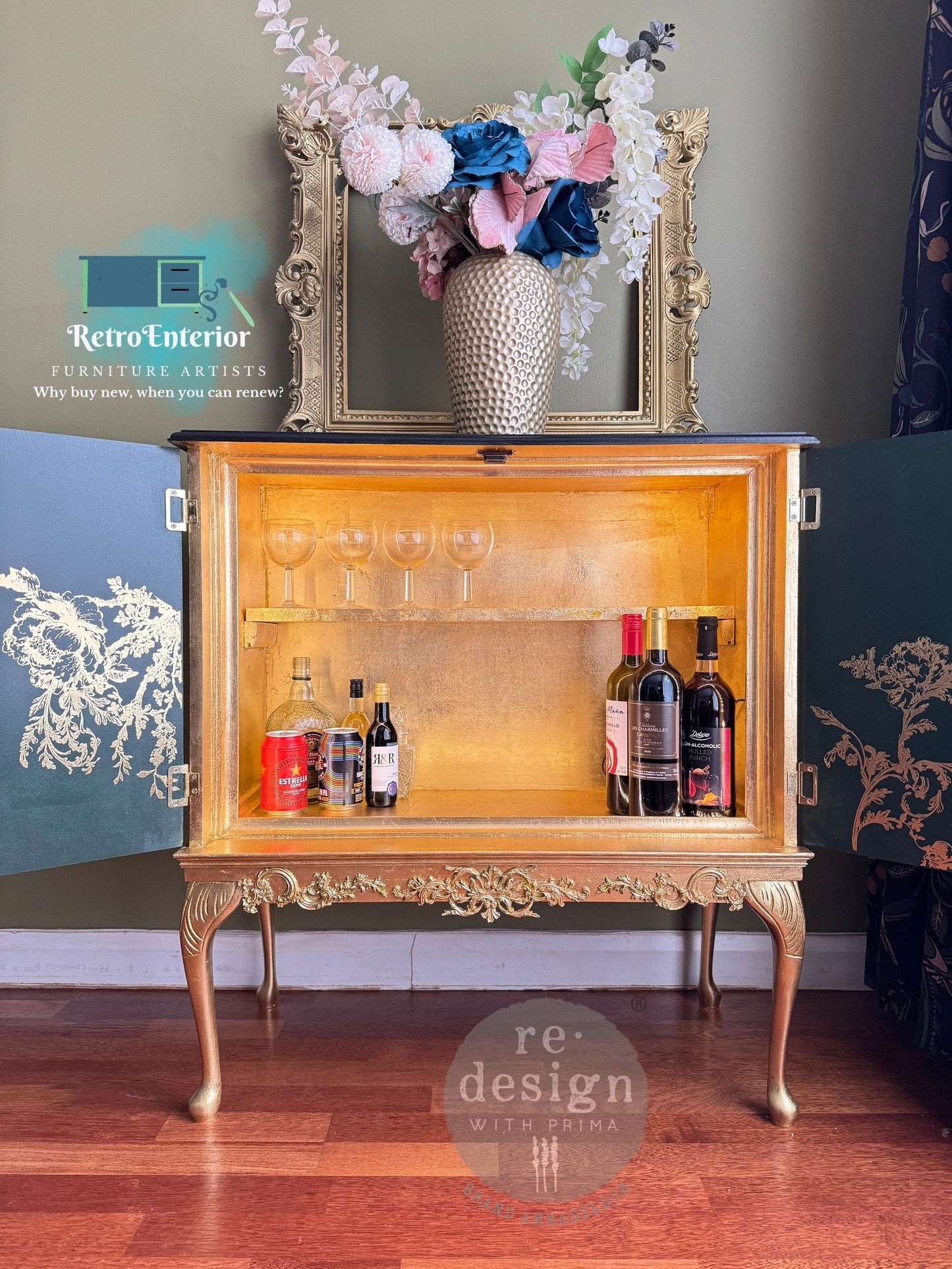 Vintage Green & Gold Cocktail Cabinet – Hand-Upcycled Luxury-Customized