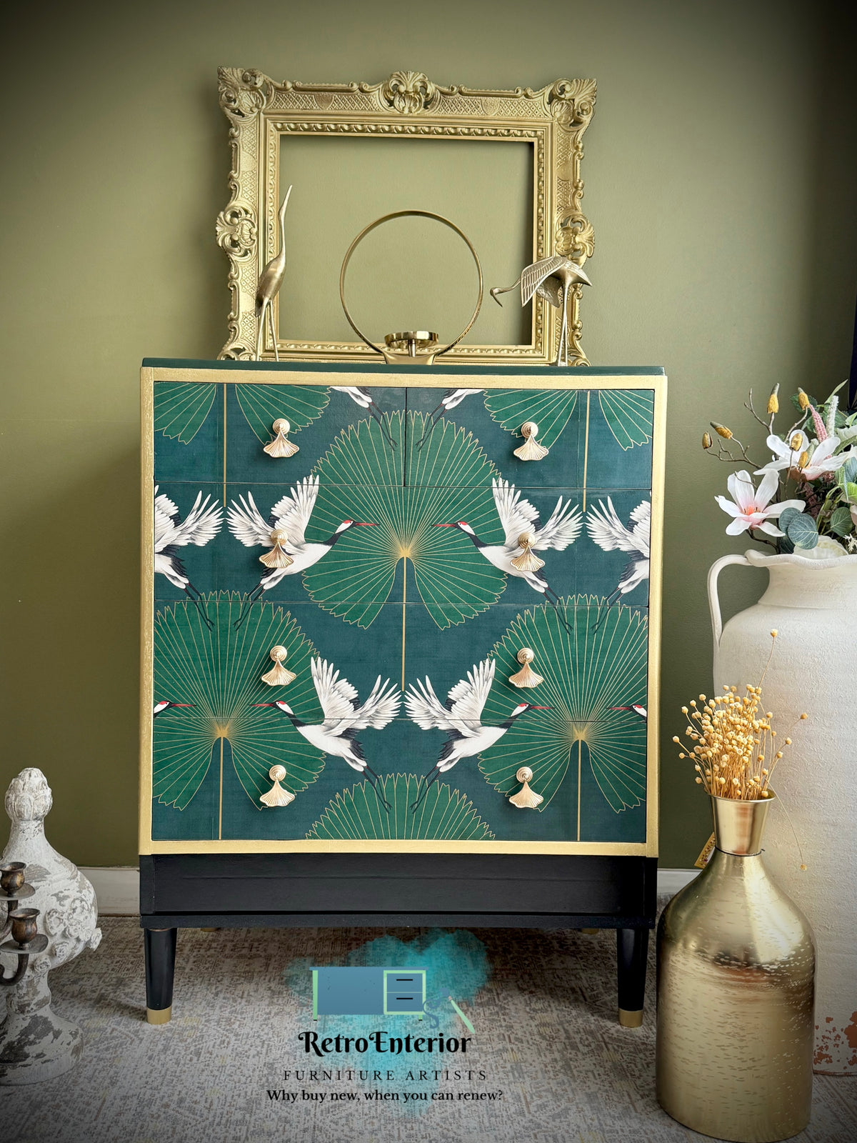Golden Skylines: Repurposed Green and Gold Chest of Drawers Detailed with Flying Cranes