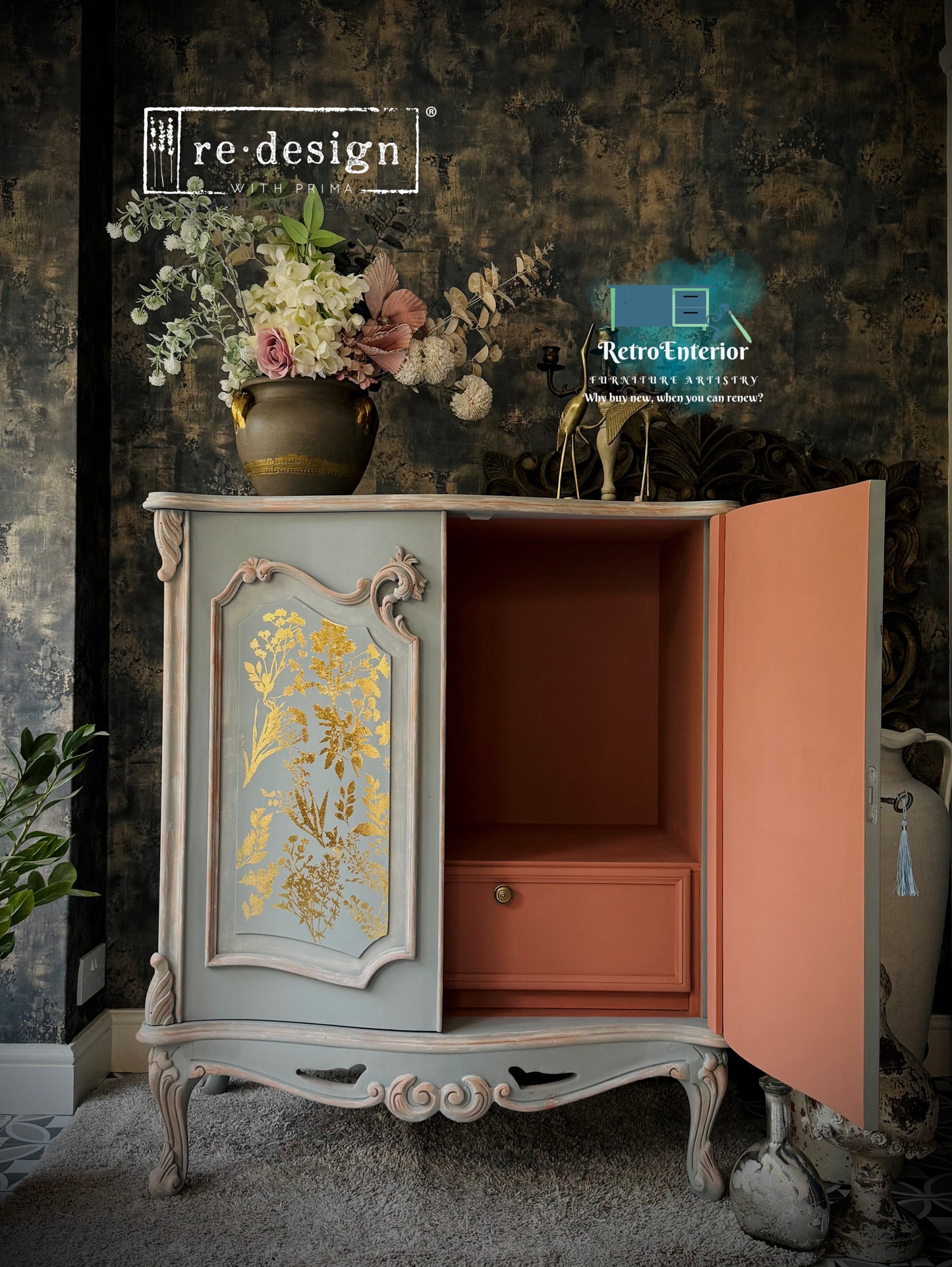 Hand-Painted French Style Distressed Cabinet | Luxury Drinks & Storage Cabinet