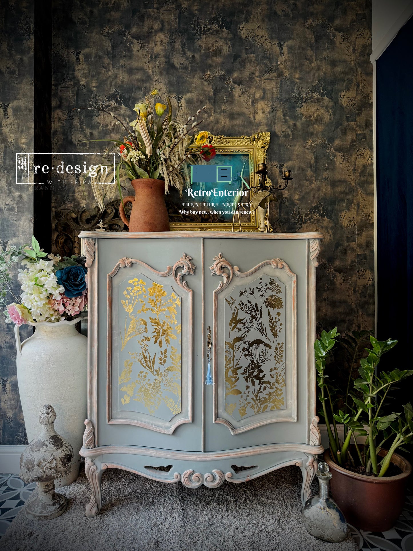 Hand-Painted French Style Distressed Cabinet | Luxury Drinks & Storage Cabinet