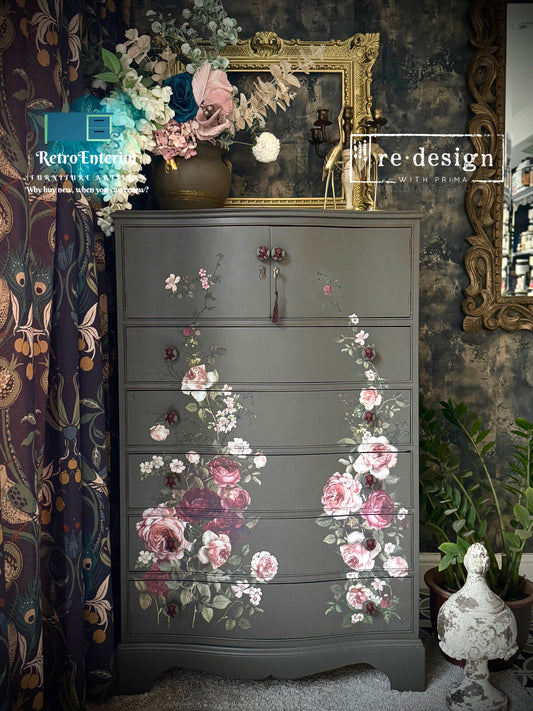 Vintage Solid Wood Floral Chest of Drawers – Dark Grey Green Upcycled Storage Cabinet