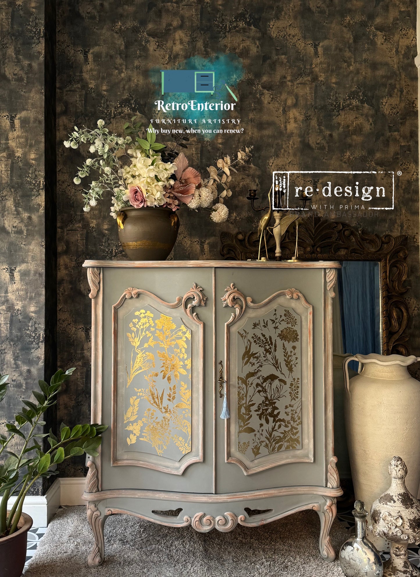 Hand-Painted French Style Distressed Cabinet | Luxury Drinks & Storage Cabinet
