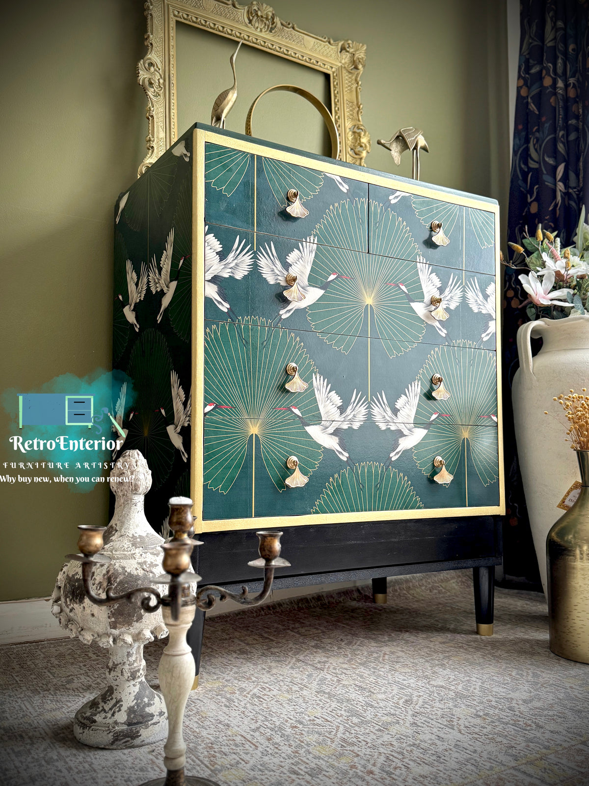 Golden Skylines: Repurposed Green and Gold Chest of Drawers Detailed with Flying Cranes