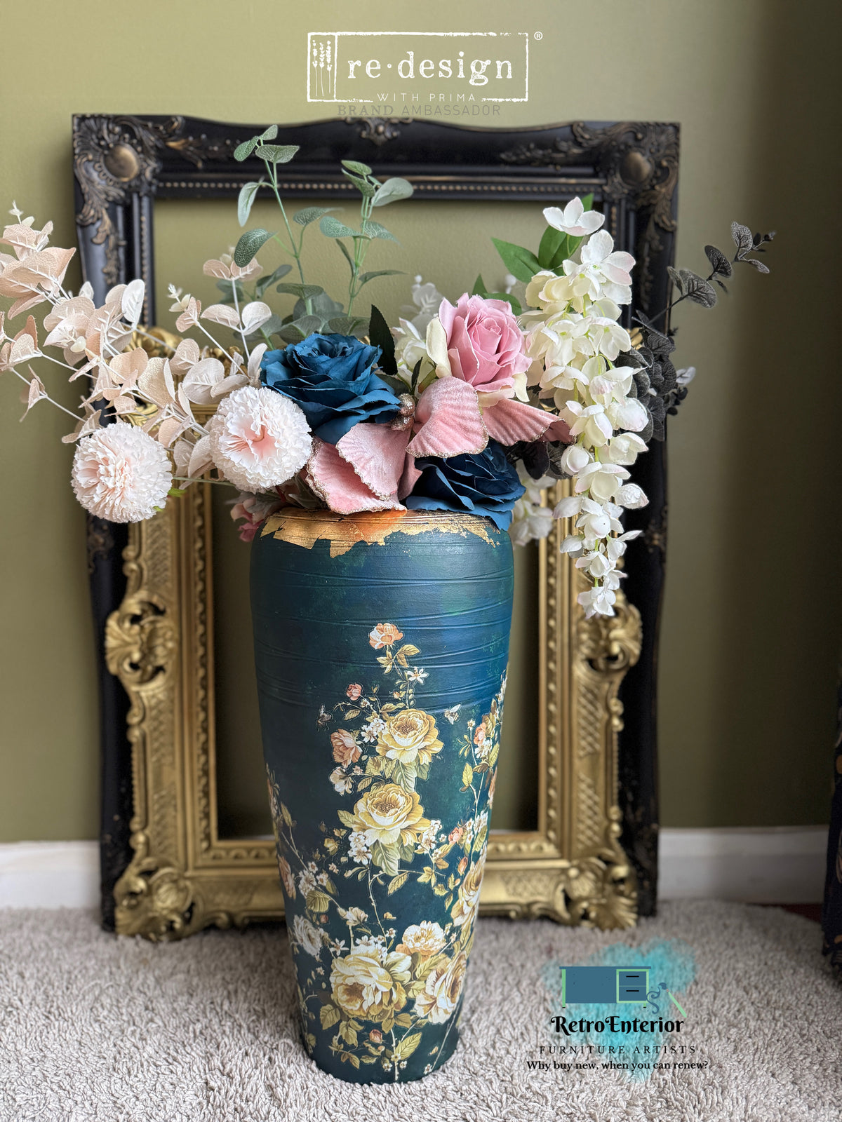Upcycled Blue Floral Statement Vase – Belle Époque Blooms