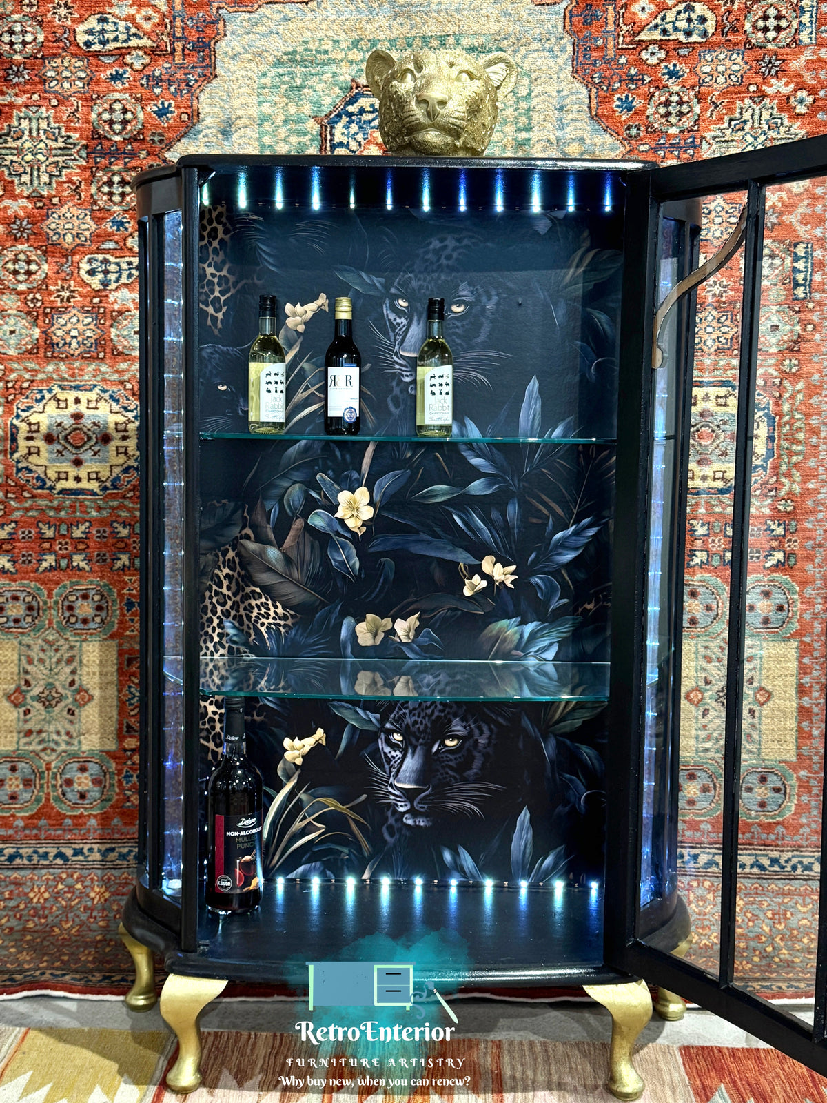 Vintage Black Drinks Cabinet | Tropical Leopard Statement Display Cabinet