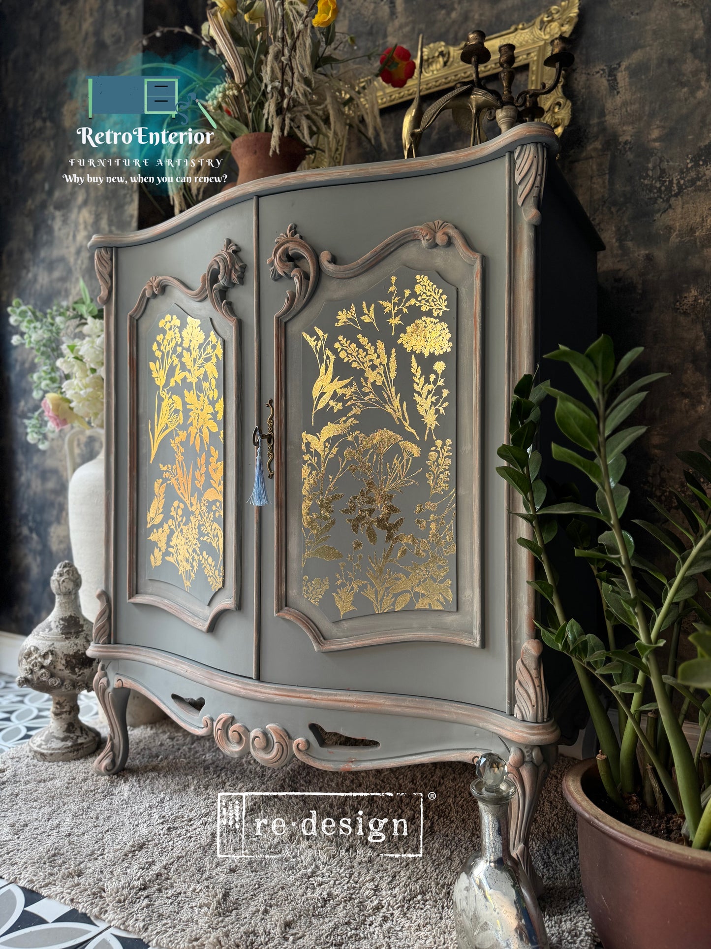 Hand-Painted French Style Distressed Cabinet | Luxury Drinks & Storage Cabinet