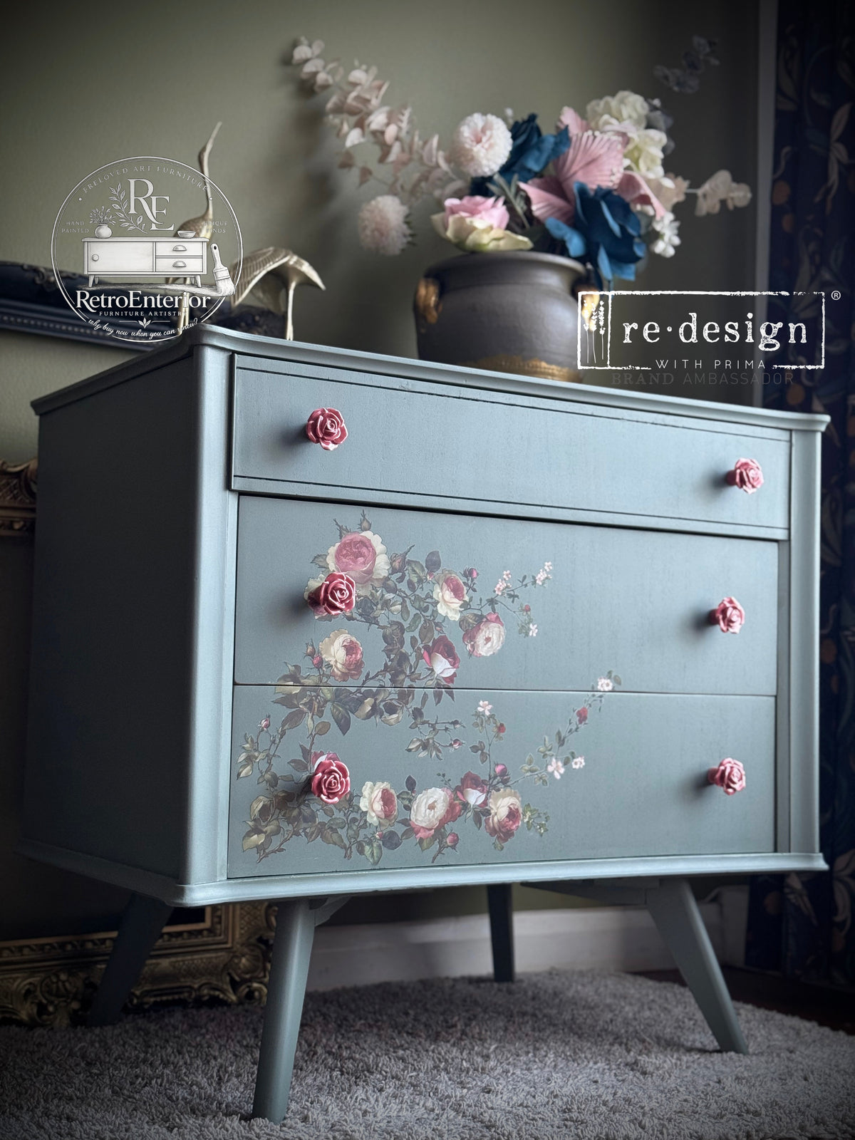 Romantic Sage Rose Floral Chest of Drawers
