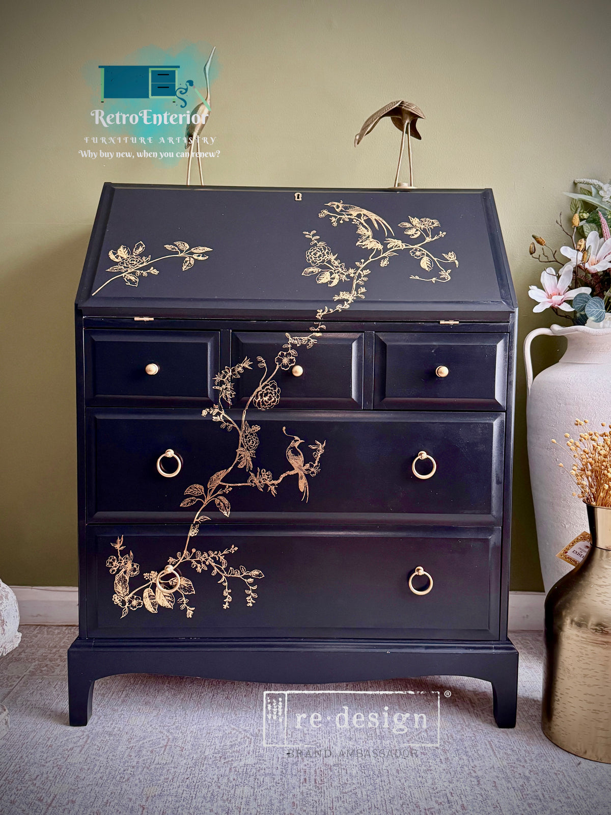 Vintage Stag Bureau / Secretary Desk – Coal Black & Gold