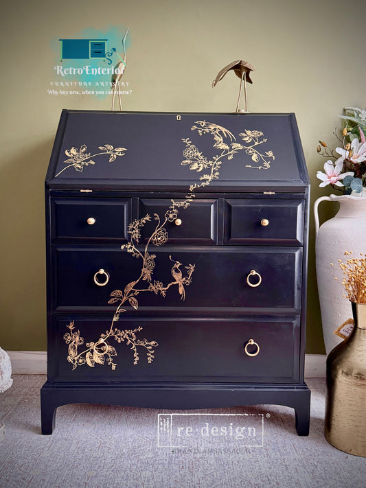 Vintage Stag Bureau / Secretary Desk – Coal Black & Gold