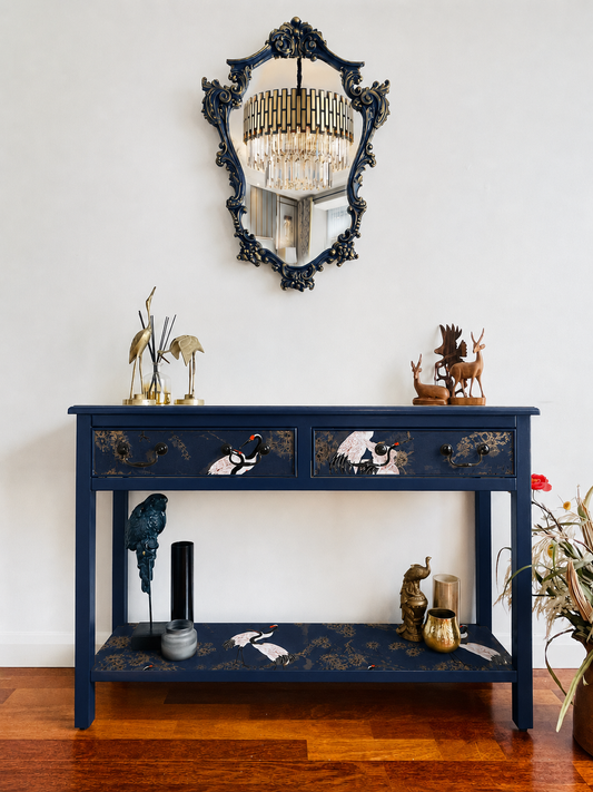 Oriental Bird Console Table – Blue &amp; Gold Hand-Painted Hall Table