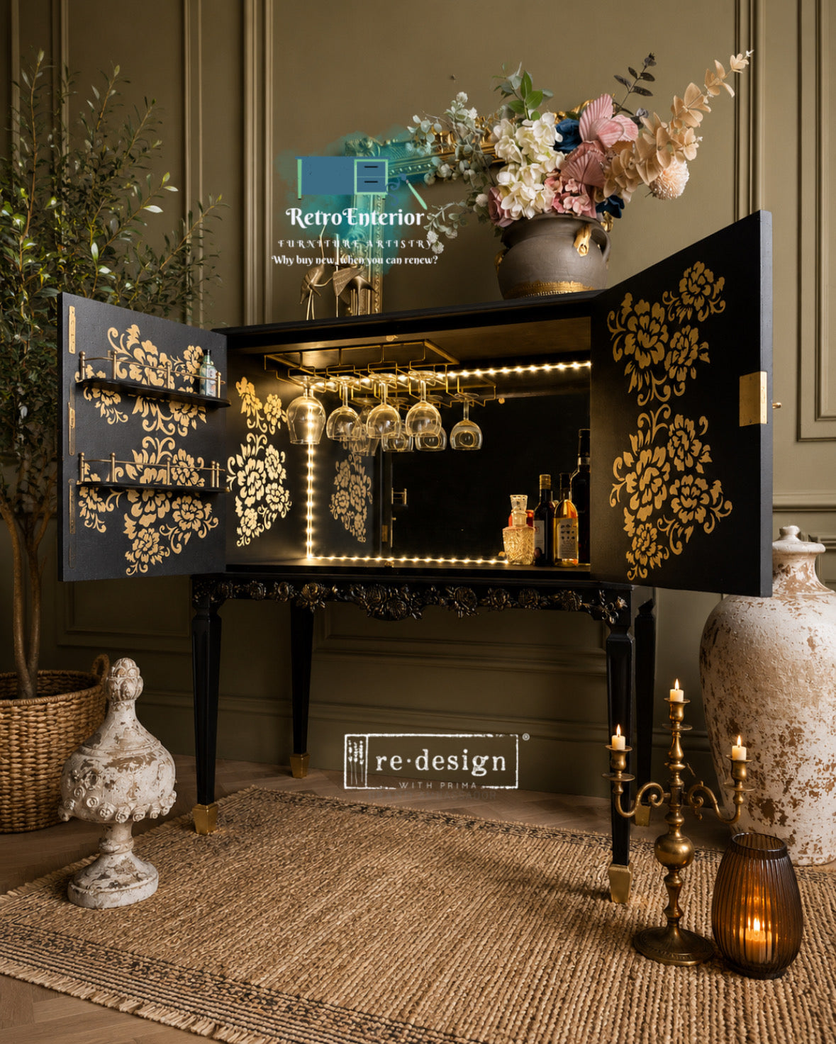 The Fleur Noire Cocktail Cabinet | Luxury Satin Black & Gold French Style Drinks Cabinet