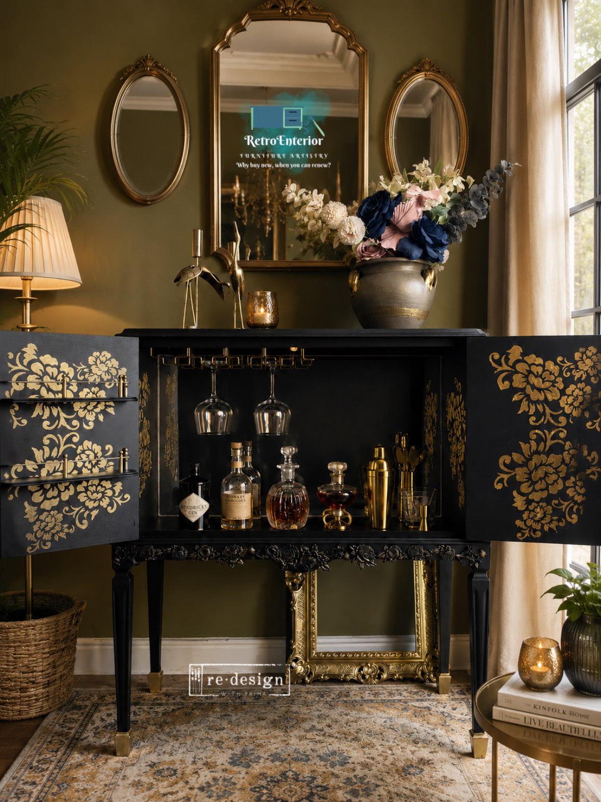 The Fleur Noire Cocktail Cabinet | Luxury Satin Black & Gold French Style Drinks Cabinet