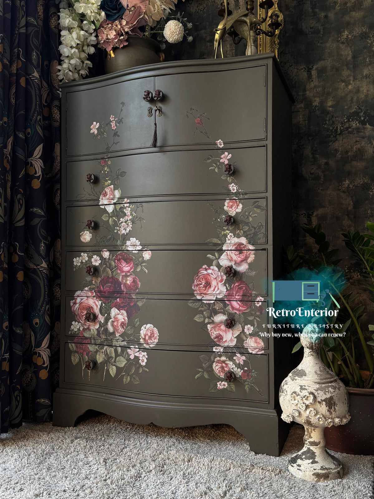 Vintage Solid Wood Floral Chest of Drawers – Dark Grey Green Upcycled Storage Cabinet