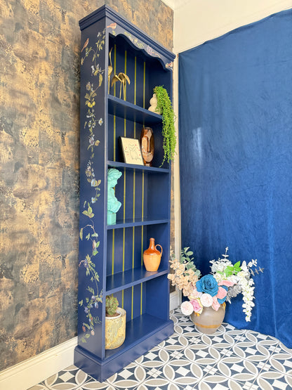 Vintage Inky Blue Floral Bookcase – Hand-Painted Pine Bookshelf with Botanical Design