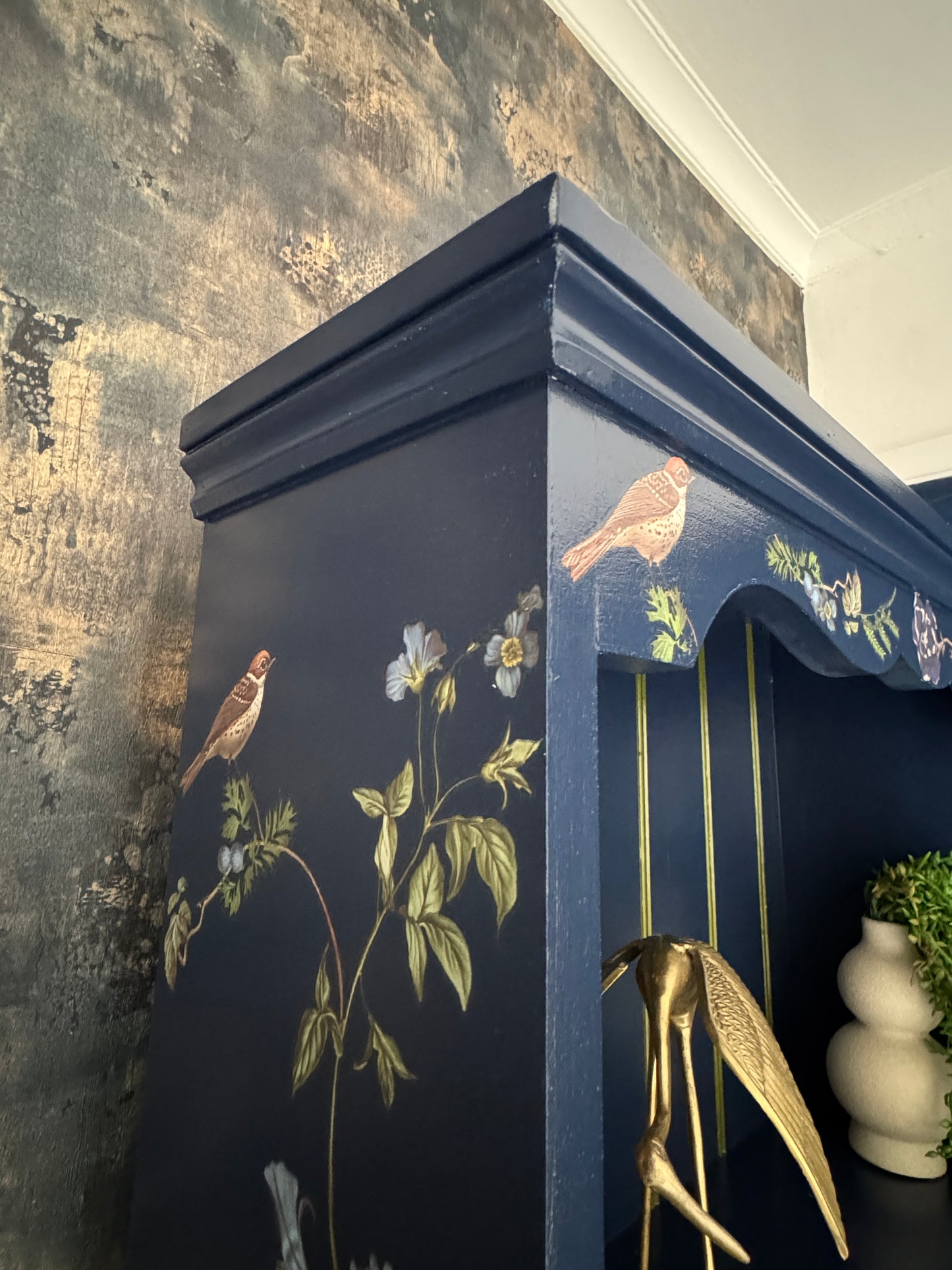 Vintage Inky Blue Floral Bookcase – Hand-Painted Pine Bookshelf with Botanical Design