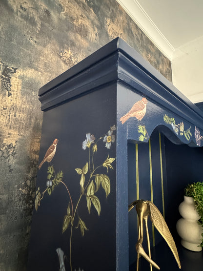 Vintage Inky Blue Floral Bookcase – Hand-Painted Pine Bookshelf with Botanical Design