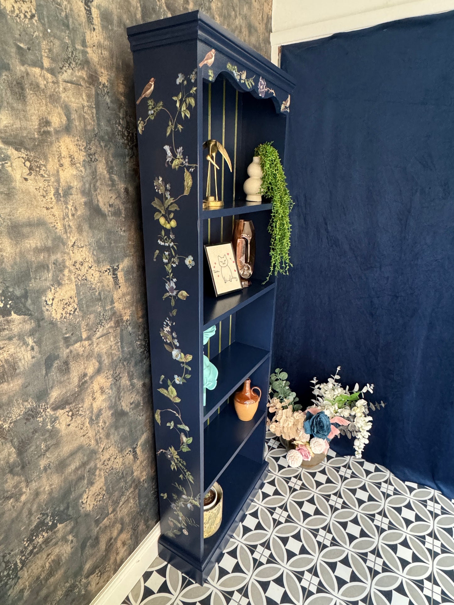 Vintage Inky Blue Floral Bookcase – Hand-Painted Pine Bookshelf with Botanical Design