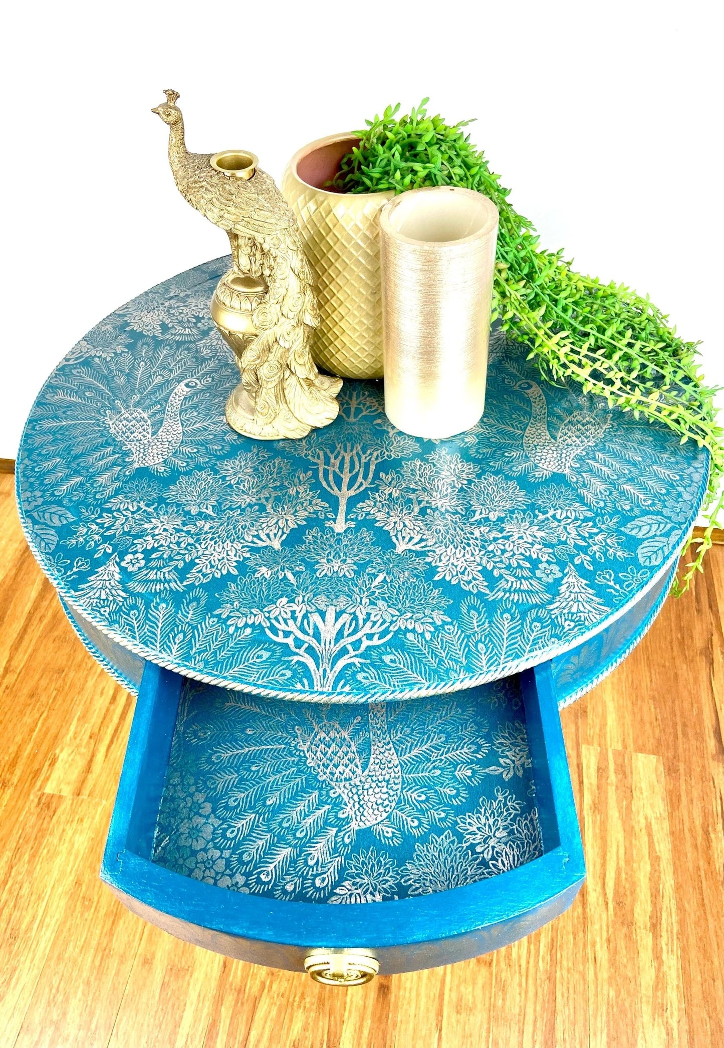 Bespoke Peacock Print End/Side/Drum table.