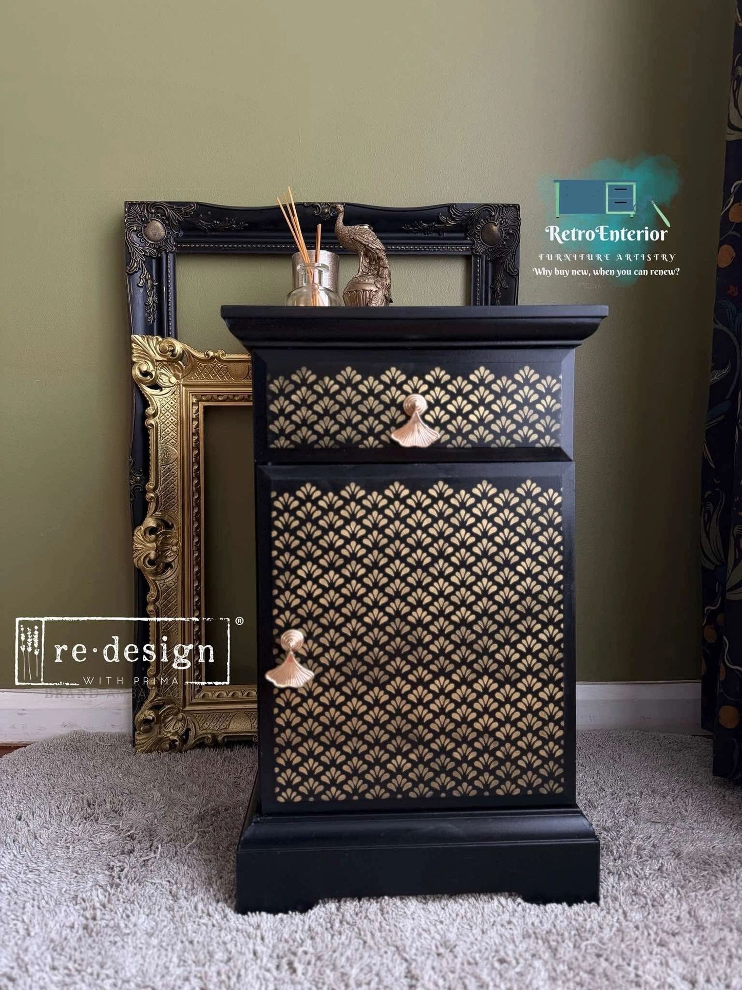 Black & Gold Peacock Bedside Table