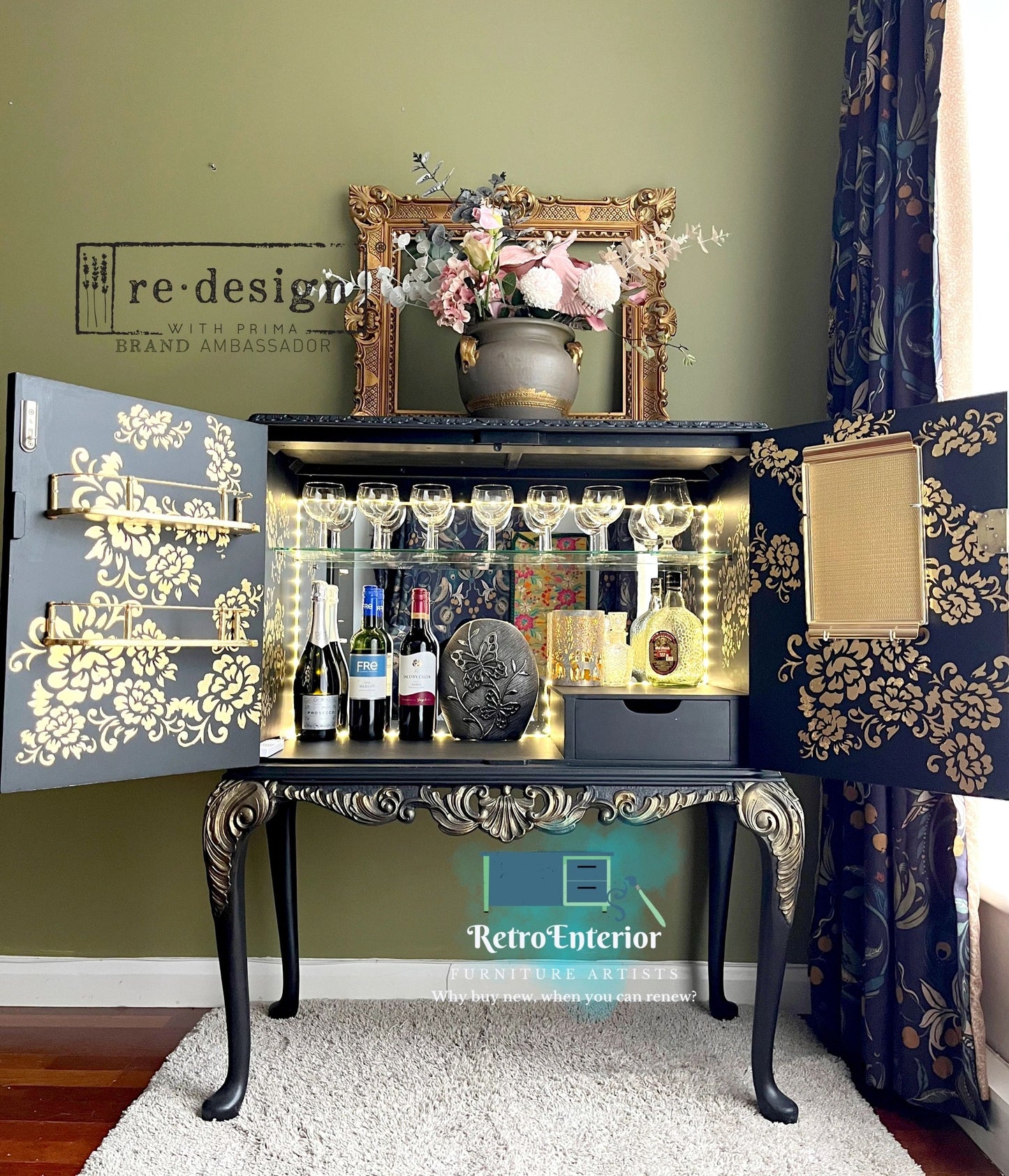 Black and Gold Vintage whimsical Butterfly botanical cocktail/drinks cabinet