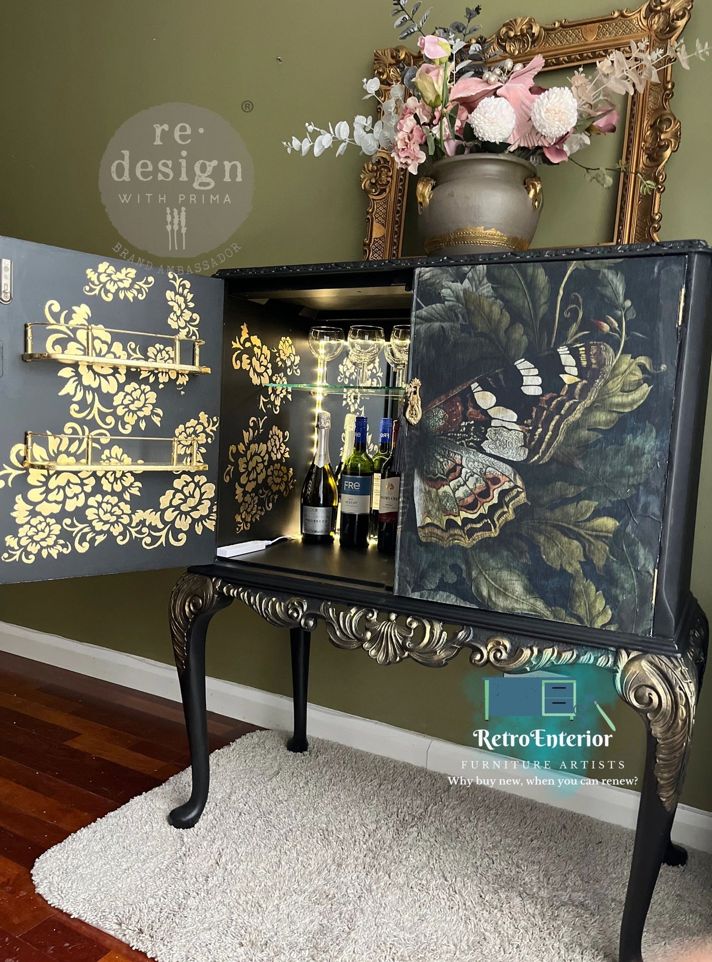 Black and Gold Vintage whimsical Butterfly botanical cocktail/drinks cabinet