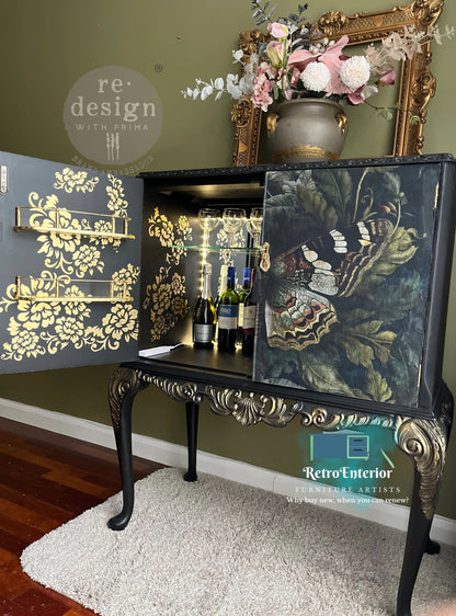 Black and Gold Vintage whimsical Butterfly botanical cocktail/drinks cabinet