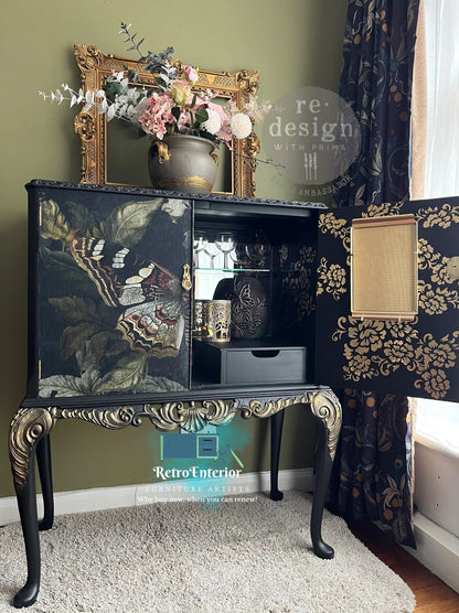 Black and Gold Vintage whimsical Butterfly botanical cocktail/drinks cabinet