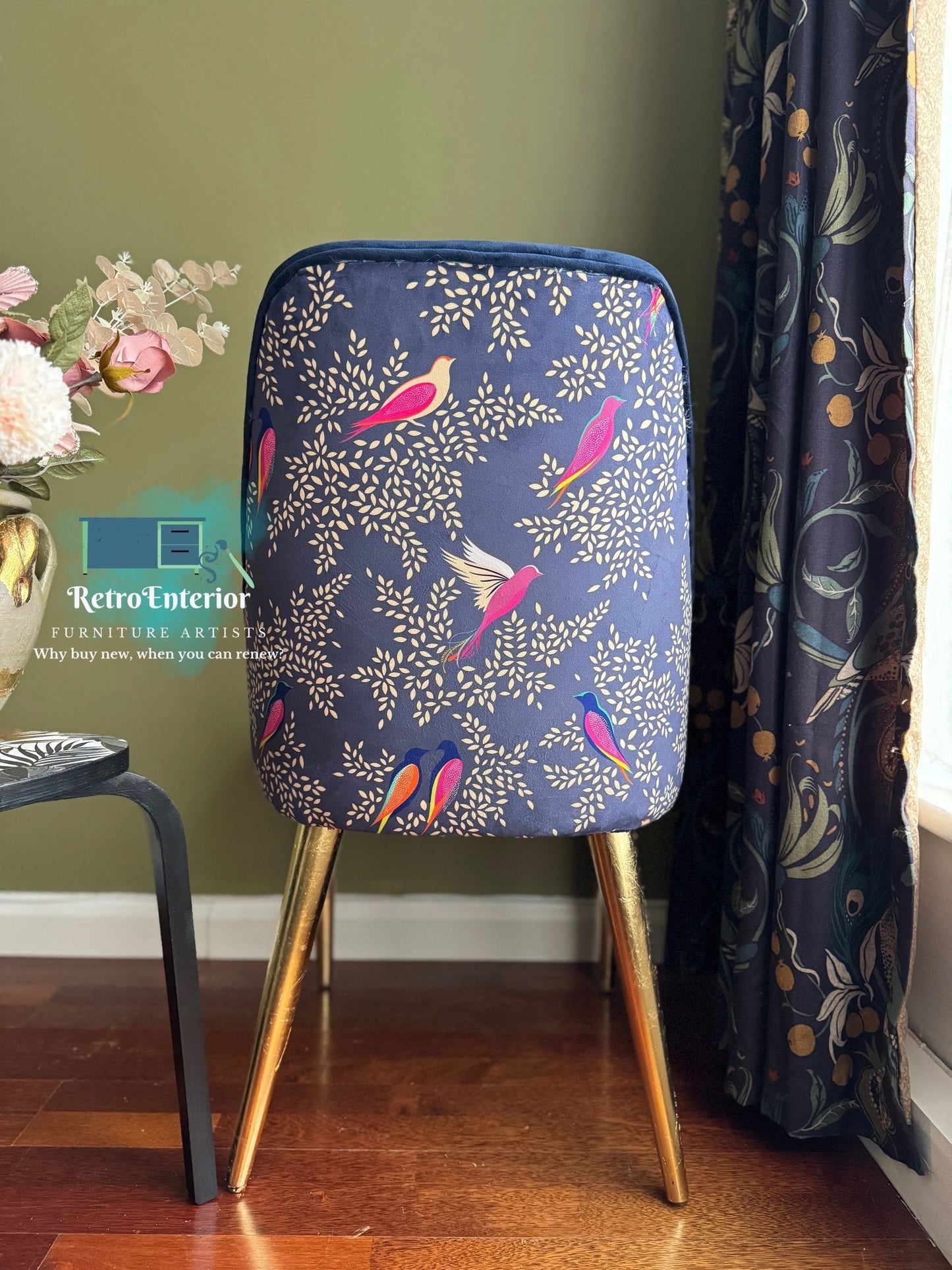 Blue and Gold floral/bird upholstered chair