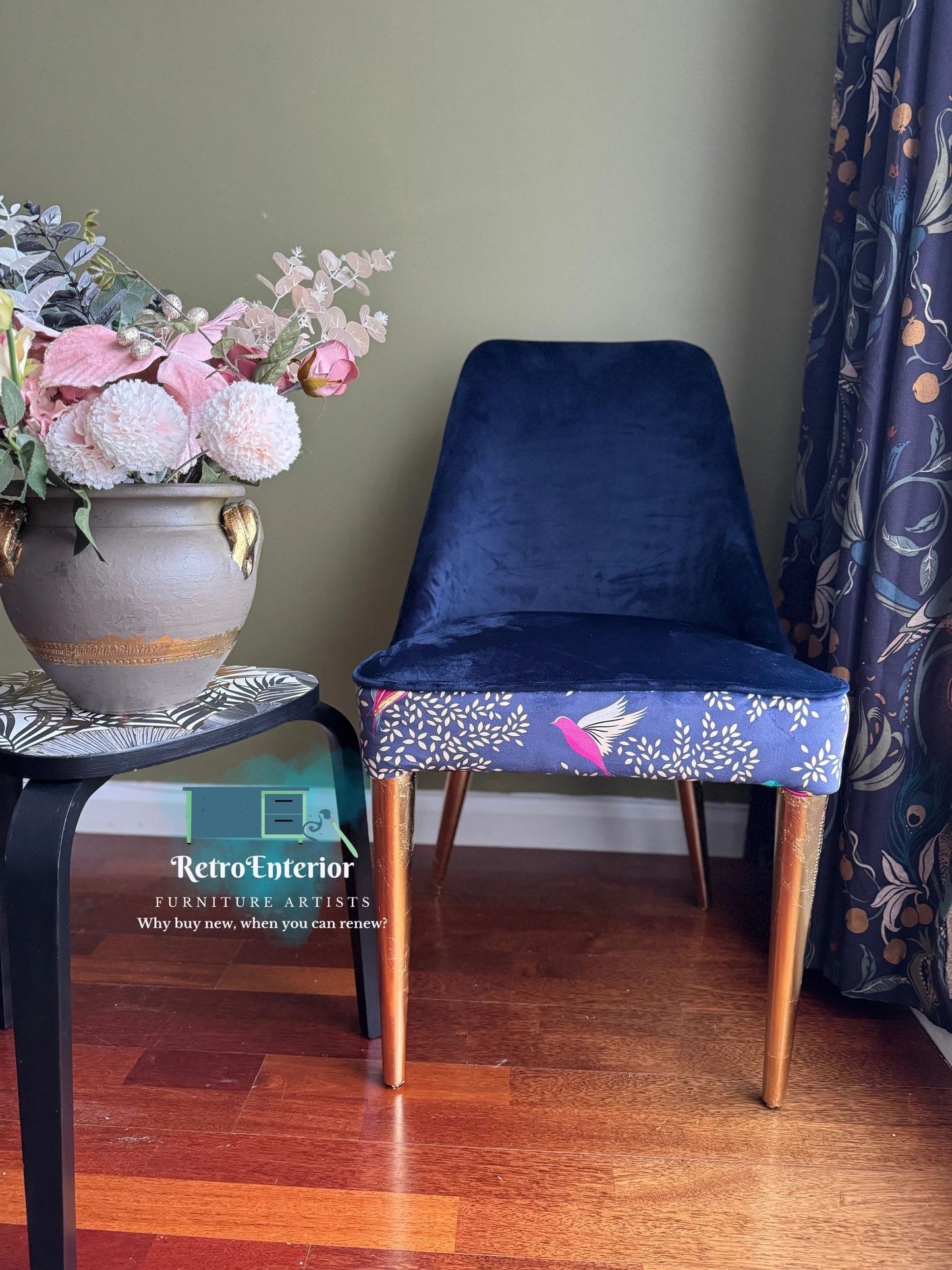 Blue and Gold floral/bird upholstered chair