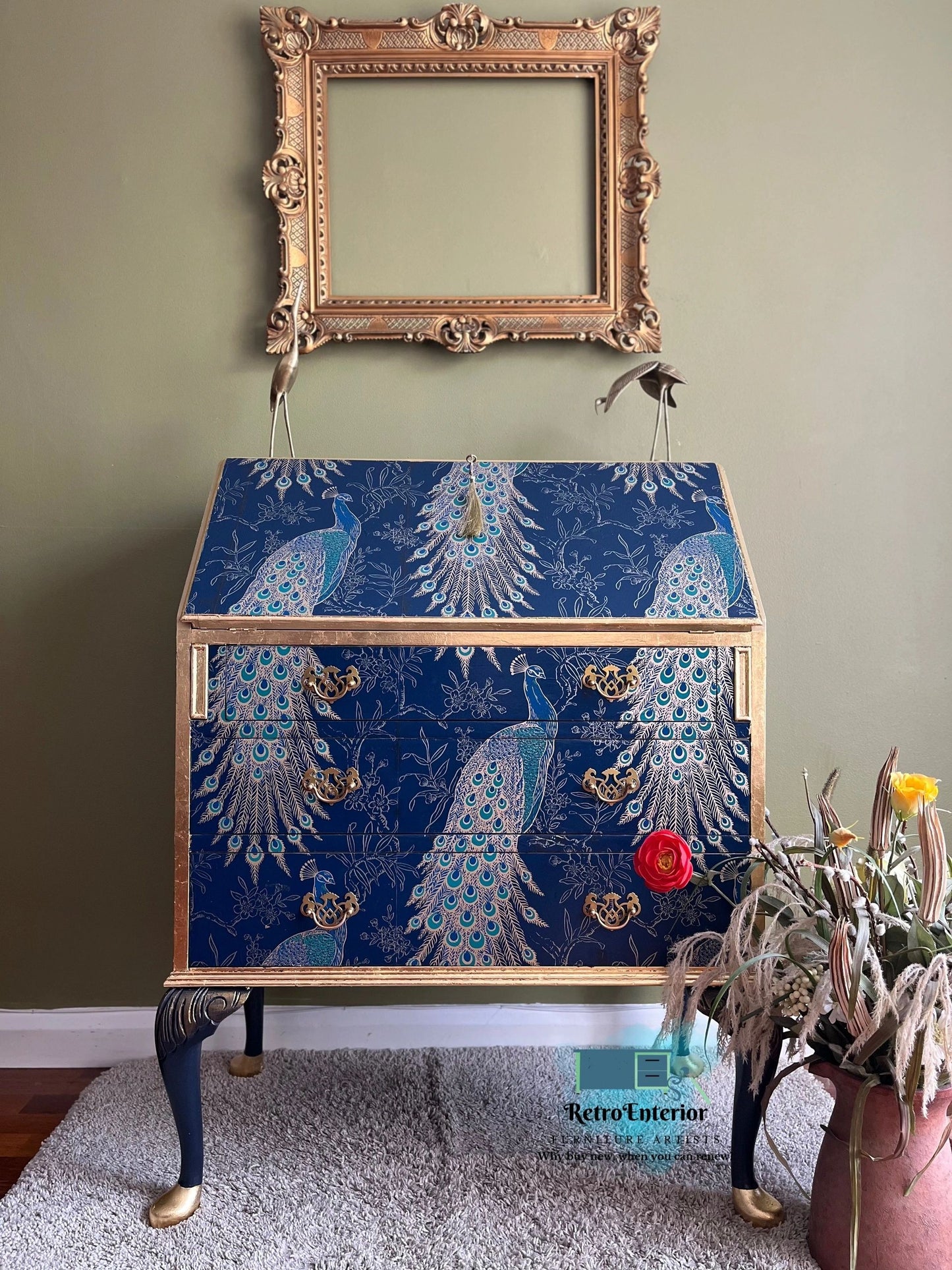 Blue and Gold Peacock style upcycled bureau/writing desk-Commission