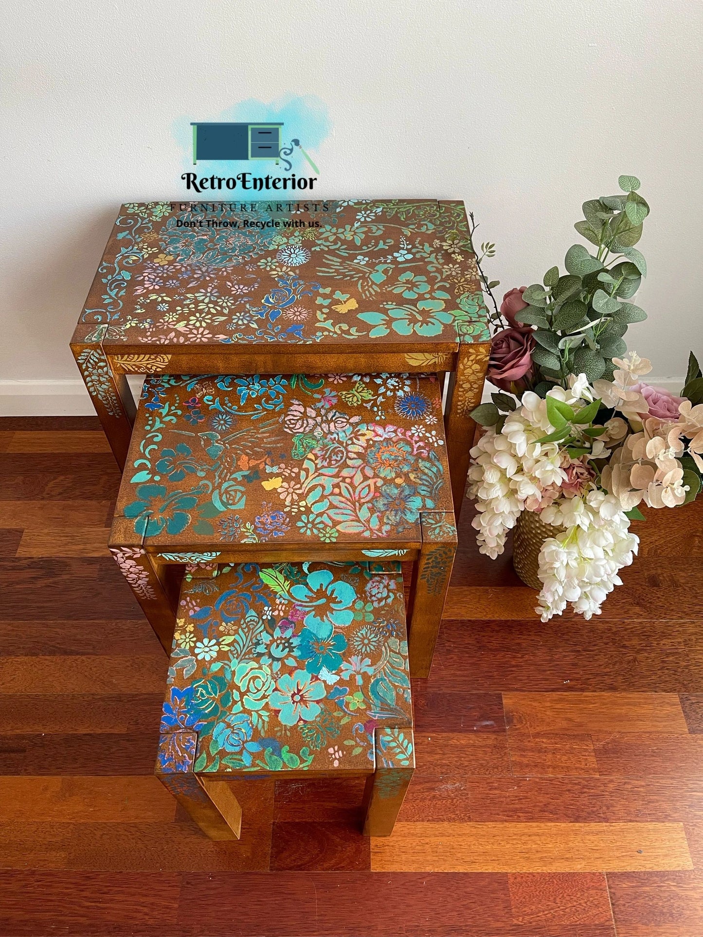 Botanical inspired dark oak nested tables