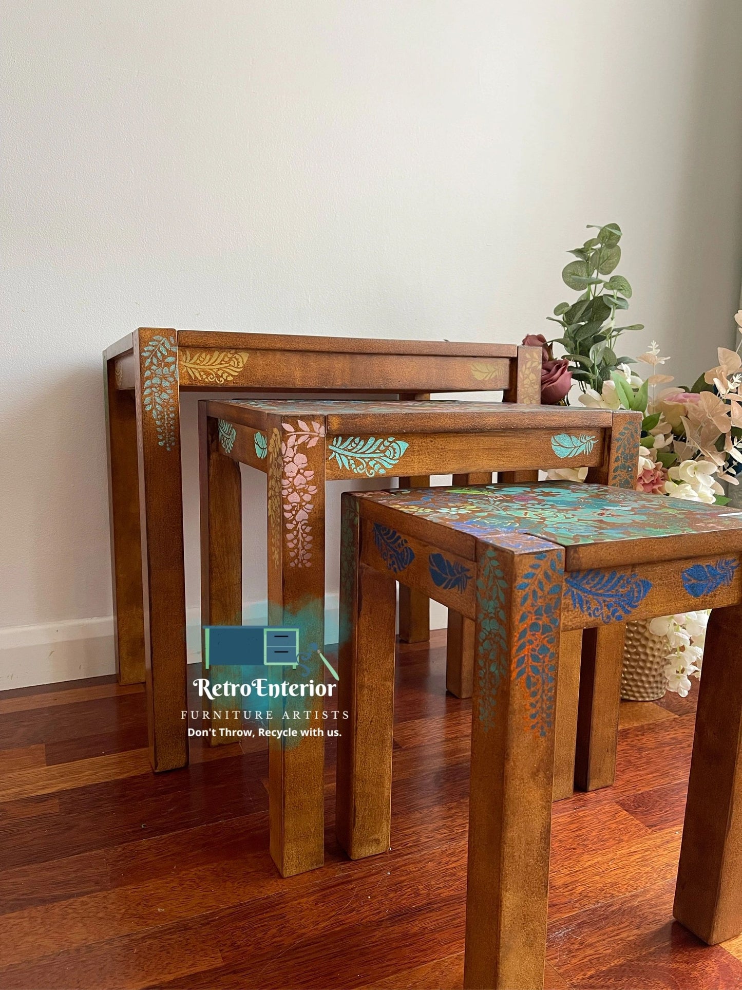 Botanical inspired dark oak nested tables