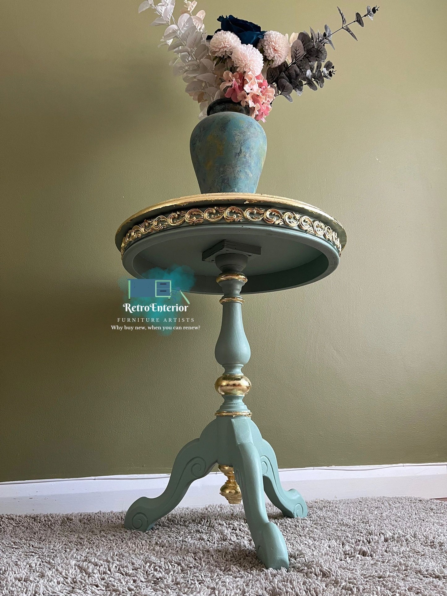 Duck Egg and gold Plant stand/side table- Available for commission